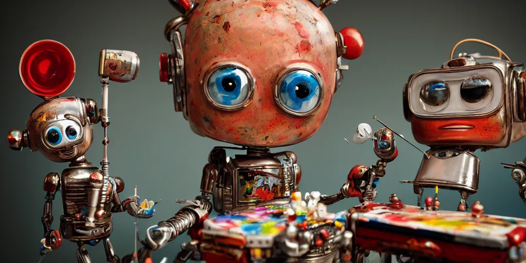Prompt: closeup portrait of tin toy retro robot artist painting in a workshop, depth of field, zeiss lens, detailed, centered, fashion photoshoot, by nicoletta ceccoli, mark ryden, lostfish, breathtaking, 8 k resolution, extremely detailed, beautiful, establishing shot, artistic, hyperrealistic, octane render