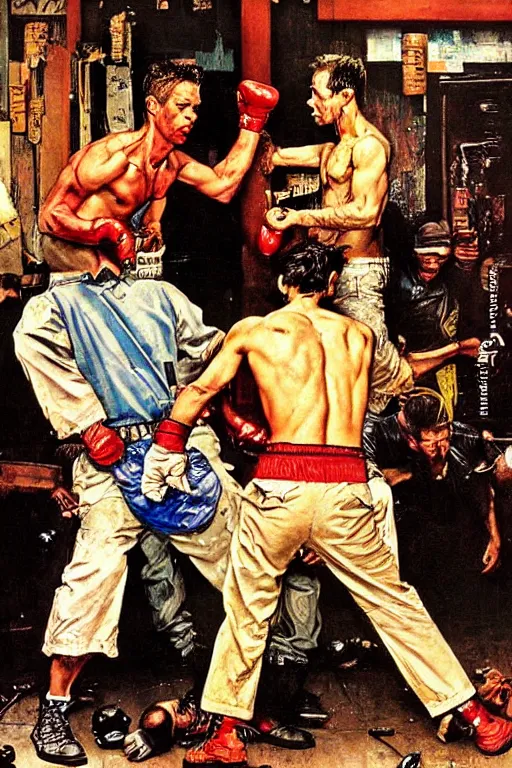 Image similar to Tyler Durden fighting in a basement painted by Norman Rockwell