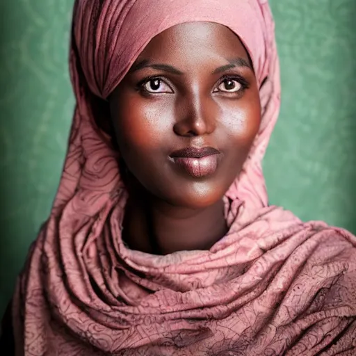 Prompt: studio photography, portrait photo, somalia, vintage, somali woman, beautiful, dreamy, studio ghibli, pastel, highly detailed, happy