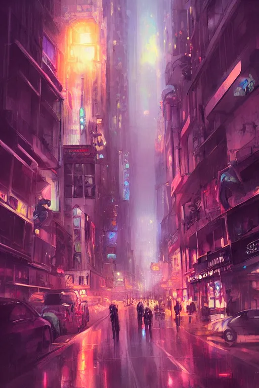 Image similar to a beautiful paiting of Night Life of downtown street by Ross Tran, dark ambient, beautiful, UHD, hyperrealism, Surreal and Fantasy Art, absurdist