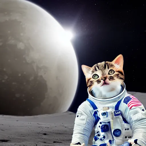 Image similar to cat wearing astronaut suit on the moon planet earth in the background sigma 1 4 mm f / 1. 8