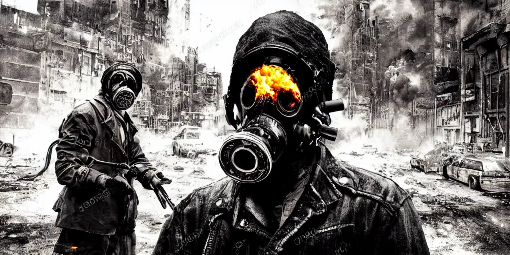 Image similar to post - apocalyptic city streets, close - up shot of an anarchist with a gasmask, burning cars, explosions, acid color smoke, hyperrealistic, gritty, damaged, dark, urban photography, photorealistic, high details