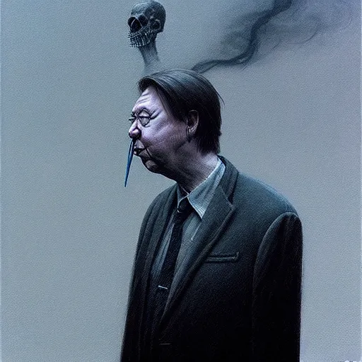 Image similar to concept portrait of bill hicks smoking, dark atmosphere, lovecraftian setting, lynchian atmosphere, film noir, concept art, art by kuvshinov ilya and zdislav beksinski and wayne barlowe