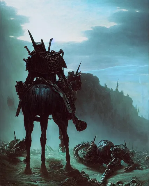 Image similar to a heavily armoured death knight standing in a battlefield of fallen warriors, by thomas cole and wayne barlowe