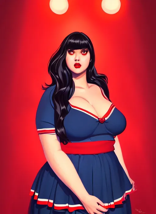 Image similar to full body portrait of teenage veronica lodge, obese, bangs, sultry, realistic, sultry smirk, wavy hair, red skirt, fat, belly, intricate, elegant, glowing lights, highly detailed, digital painting, artstation, concept art, smooth, sharp focus, illustration, art by wlop, mars ravelo and greg rutkowski