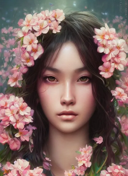Prompt: beautiful, young eurasian woman, extremely detailed gorgeous face, looks realistic, hyper-detailed portrait, sad eyes tears, vaporwave aesthetic, synthwave, magical, fantasy, flowers, artist Artgerm and Greg Rutkowski and WLOP