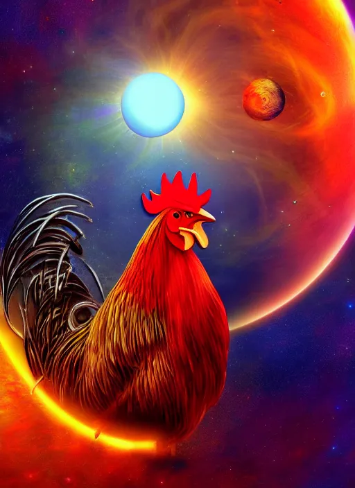 Image similar to rooster in a planetary scene, mystical, astral, digital art, concept art, 4 k hd, symmetrical portrait