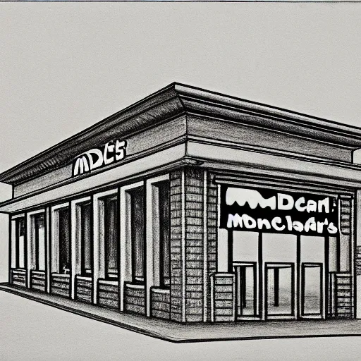 Image similar to drawing of mcdonalds restaurant building, highly detailed, smooth, sharp focus, drawing by m. c. escher