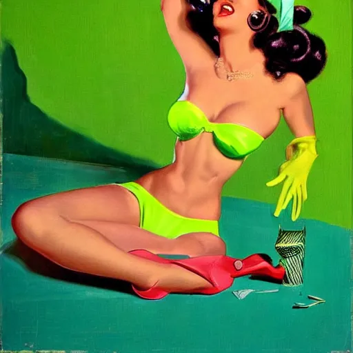Image similar to portrait of pin up girl in a neon green bikini, art by gil elvgren, earl moran, joyce ballantyne, art frahm