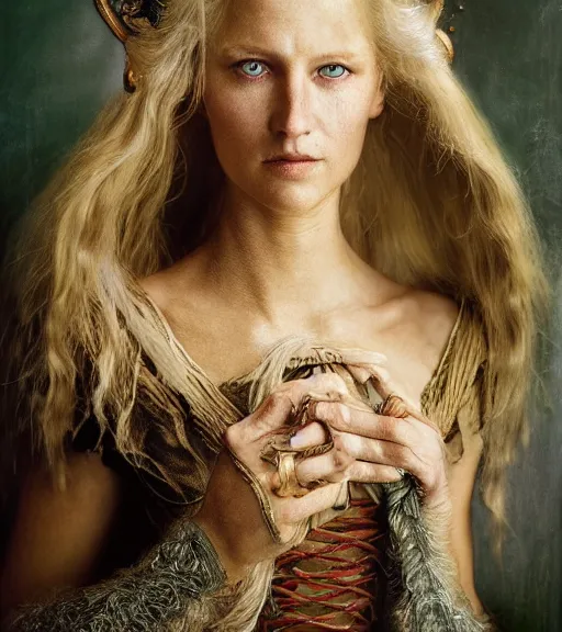 Prompt: portrait_photo_of_a_stunningly beautiful norse maiden, 19th century, hyper detailed by Annie Leibovitz, Steve McCurry, David Lazar, Jimmy Nelsson, professional photography