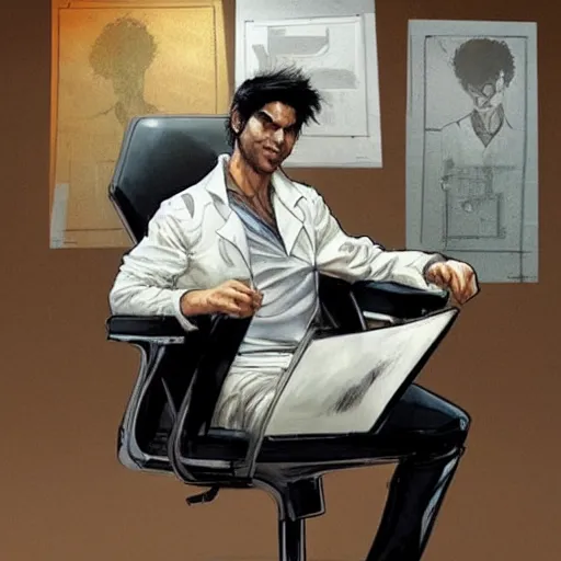 Prompt: a beautiful artwork of a young male scientist with black hair and white shirt sitting on an office chair explaining something by Jerome Opeña, featured on artstation