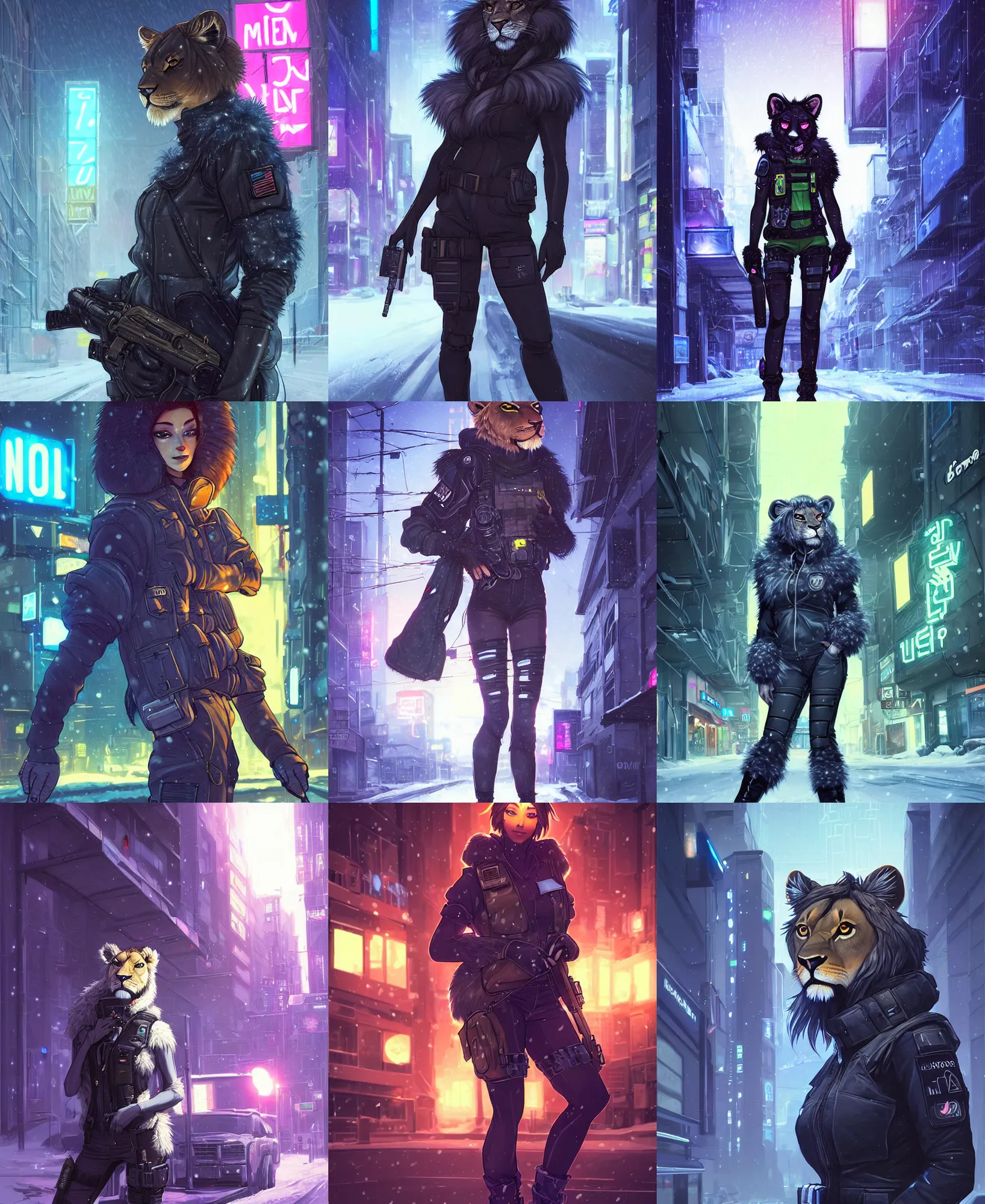 Prompt: beautiful furry art portrait commission of a female furry anthro lioness fursona wearing a tactical kevlar vest in the streets of a cyberpunk city at night in the snow. neon light. character design by charlie bowater, ross tran, artgerm, and makoto shinkai, detailed, inked, western comic book art