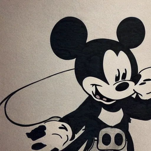 Image similar to Mickey Mouse with a malevolent smile, Yoji Shinkawa, Manga art, style of Ink