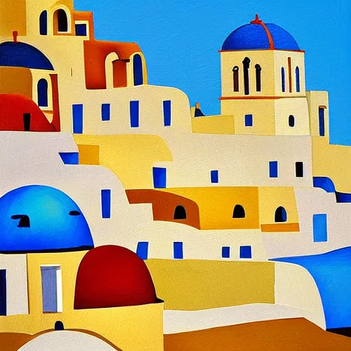 Image similar to cubism art print painting of Santorini, by Andre Baldet, gouache painting, high definition, digital art,