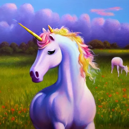 Prompt: Unicorn on meadow, oil painting, artstation