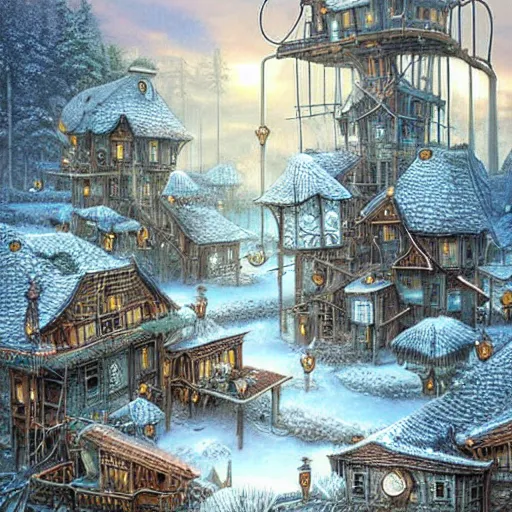 Image similar to a steampunk village on tall stilts in a snowy forest , by Naoto Hattori,