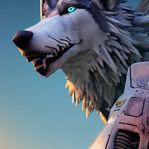 Image similar to closeup wolf, machine, horizon zero dawn, horizon forbidden west, android, robot, mechanical parts, editorial photography, realistic bokeh and depth of field, award winning, establishing shot