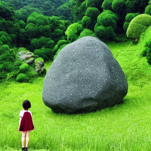 Image similar to a large rock in the middle of a beautiful lush field by studio ghibli. there's a girl in a dress next to the rock