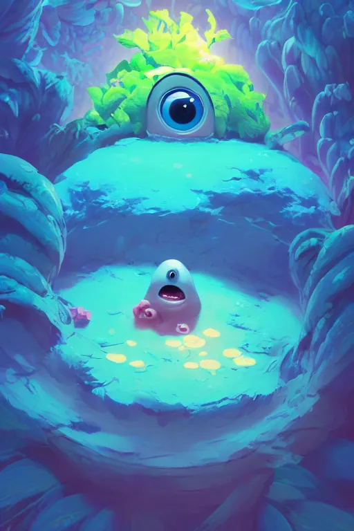 Image similar to smurf ghost creature animal sushi cristal very big eye roots cactus elemental flush of force nature micro world fluo fishscale, behance hd by jesper ejsing, by rhads, makoto shinkai and lois van baarle, ilya kuvshinov, rossdraws radiating a glowing aura global illumination ray tracing hdr