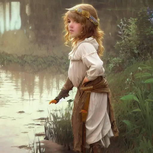 Image similar to a full body portrait of medieval child girl in a river, intricate, elegant, highly detailed, digital painting, artstation, concept art, smooth, sharp focus, illustration, art by krenz cushart and artem demura and alphonse mucha