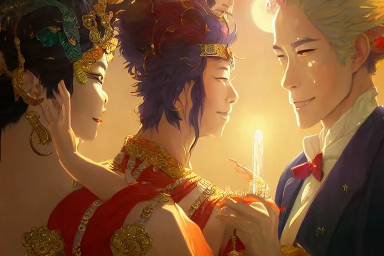 Image similar to close up moment of a divine a japan sun god and a moon goddess lovers magician at a wedding banquet, highly detailed, d & d, fantasy, 4 k realistic, digital painting, trending on artstation, concept art, sharp focus, illustration, art by makoto shinkai and akihiko yoshida and daniel gerhartz