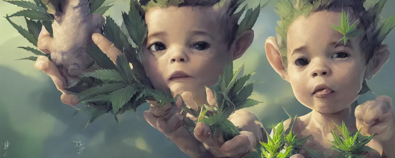 Image similar to portrait cute baby cannabis, marijuana, baby groot, realistic shaded perfect face, cinematic volumentric lighting, jim cheung, david marquez, mike deodato jr, ilya kuvshinov, makoto shinka, behance hd by jesper ejsing, by rhads, hyper detailed, octane render, concept art, artstation