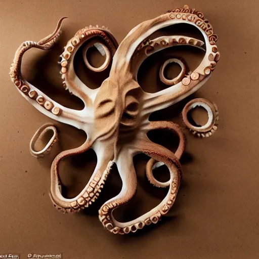 Image similar to octopus tentacles made of brown corrugated cardboard, cut out of cardboard, realistic photography, fantasy