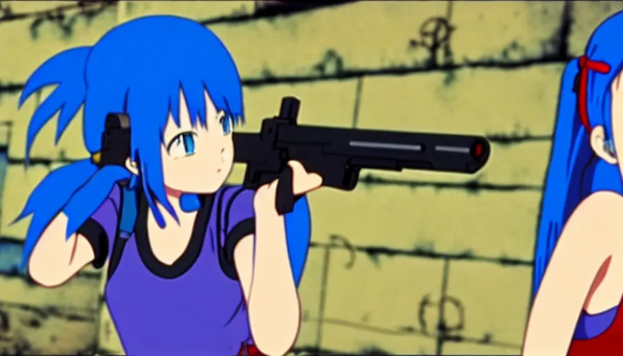 Image similar to 8 k screencap of a blue - haired girl with a gun on a favela anime, by hayao miyazaki, studio ghibli, extremely high quality artwork