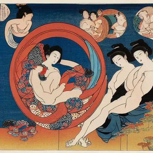 Prompt: The body art shows Venus seated on a crescent moon. She is surrounded by the goddesses Ceres and Bacchus, who are both holding cornucopias. Twitter, Corinthian architecture by Katsushika Hokusai, by Fernand Toussaint energetic, relaxed