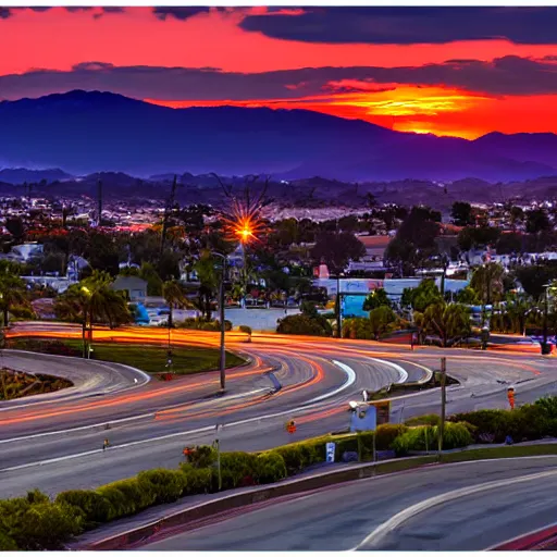 Prompt: chula vista 3 rd avenue landscape, highly detailed, sunset, glowing, 8 k