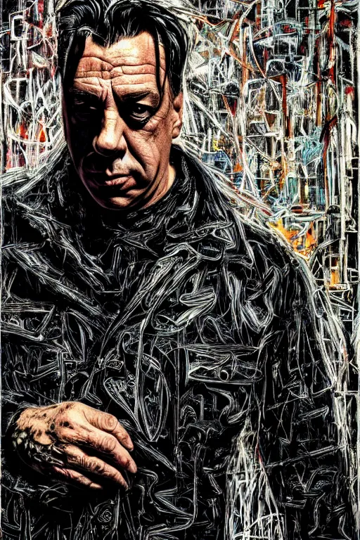 Image similar to till lindemann, detailed acrylic, grunge, intricate complexity, by dan mumford and by alberto giacometti, peter lindbergh