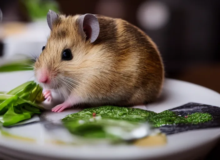 Image similar to photo of a hamster various michelin dishes, at night, candlelit restaurant table, various poses, unedited, soft light, centered, sharp focus, 8 k