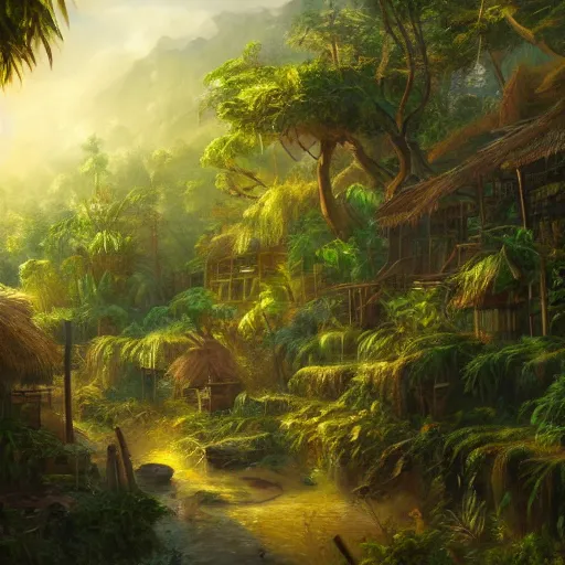 Image similar to the village in a bright jungle, dramatic lighting, oil painting, pale colors, high detail, 8 k, wide angle, trending on artstation,