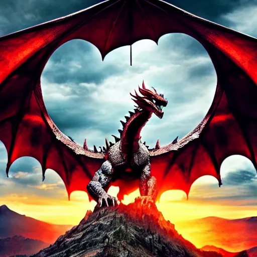 Image similar to giant dragon standing on a mountain, highly detailed, 4 k, hdr, award - winning, directed by zack snyder