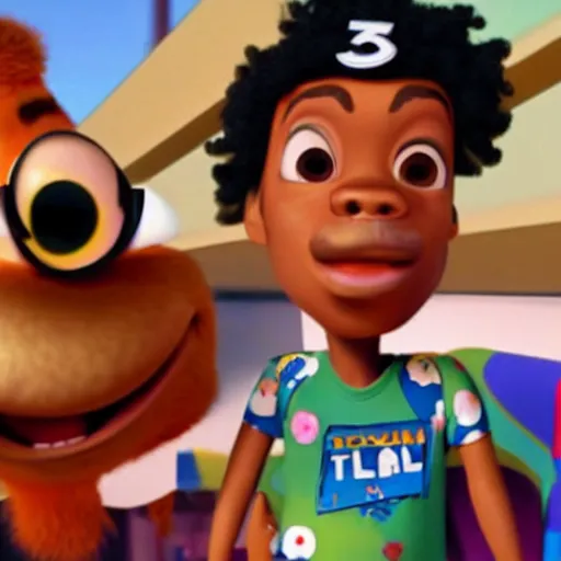 Image similar to a tv still of Chance The Rapper starring in a 2006 Pixar Animated movie