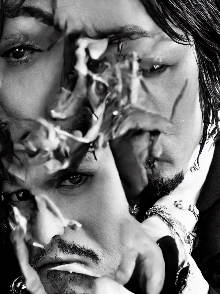 Image similar to portrait of johnny depp in black and white with dior logo, mysterious, inhumane, sauvage detailed, hd, hq, high resolution, high detail, 4 k, 8 k