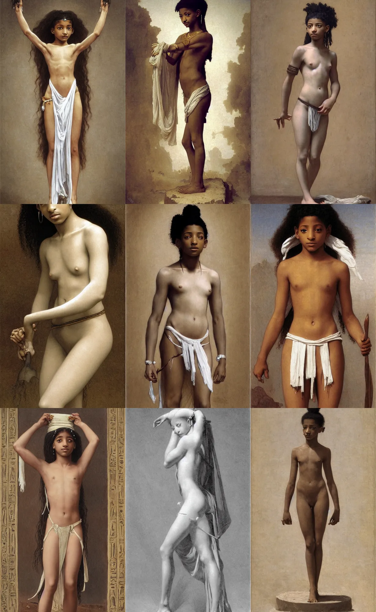 Prompt: willow smith as young egyptian girl, full body, white loincloth, symetrical, grey background, intricate, sharp focus, illustration, orientalism, bouguereau, jurgens