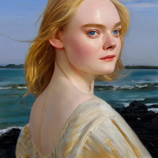 Image similar to Elle Fanning in the beach, head and shoulders masterpiece, oil on canvas, golden hour, in the world of Andrew Wyeth, artstation, by J. C. Leyendecker and Peter Paul Rubens,