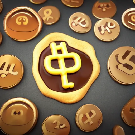 Image similar to luckys calls crypto logo golden cookie with big eyes, licking itself, big tongue, funny character from pixar, detailed 3d render, rim light