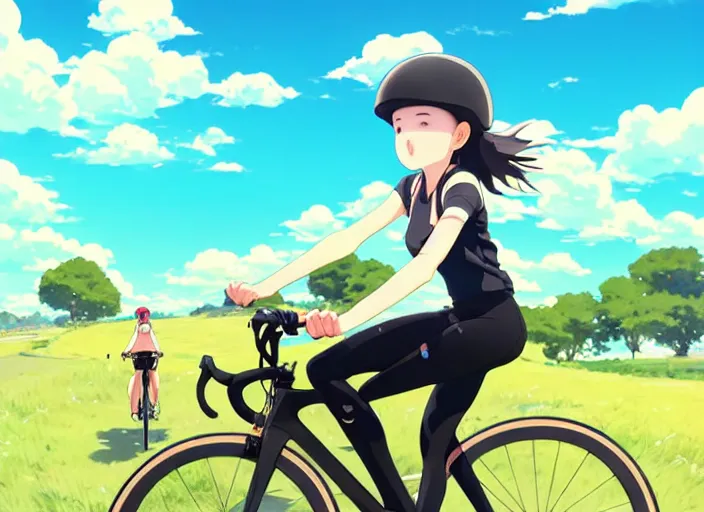 Prompt: portrait of cute girl riding road bike, sunny sky background, lush landscape, illustration concept art anime key visual trending pixiv fanbox by wlop and greg rutkowski and makoto shinkai and studio ghibli and kyoto animation, symmetrical facial features, sports clothing, black road bike helmet, nike cycling suit, backlit, aerodynamic frame, gta 5