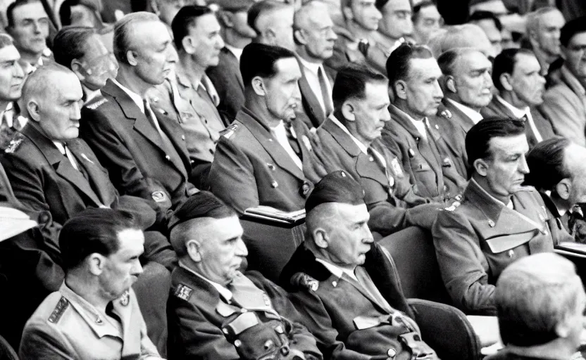 Image similar to 50s movie still of very diverse soviet generals head with very detailed faces in a stalinist parlement, by Alexei Guerman, Cinestill 800t 35mm black and white, heavy grainy picture, very detailed, high quality, 4k, HD criterion, precise texture, face diversity, haircut diversity, age diversity