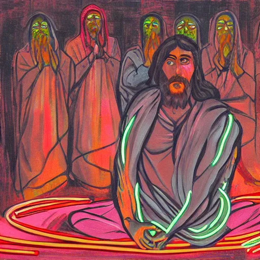 Prompt: a painting of neon shibari jesus they prayed in tokyo, cyberpunk, wideangle camera