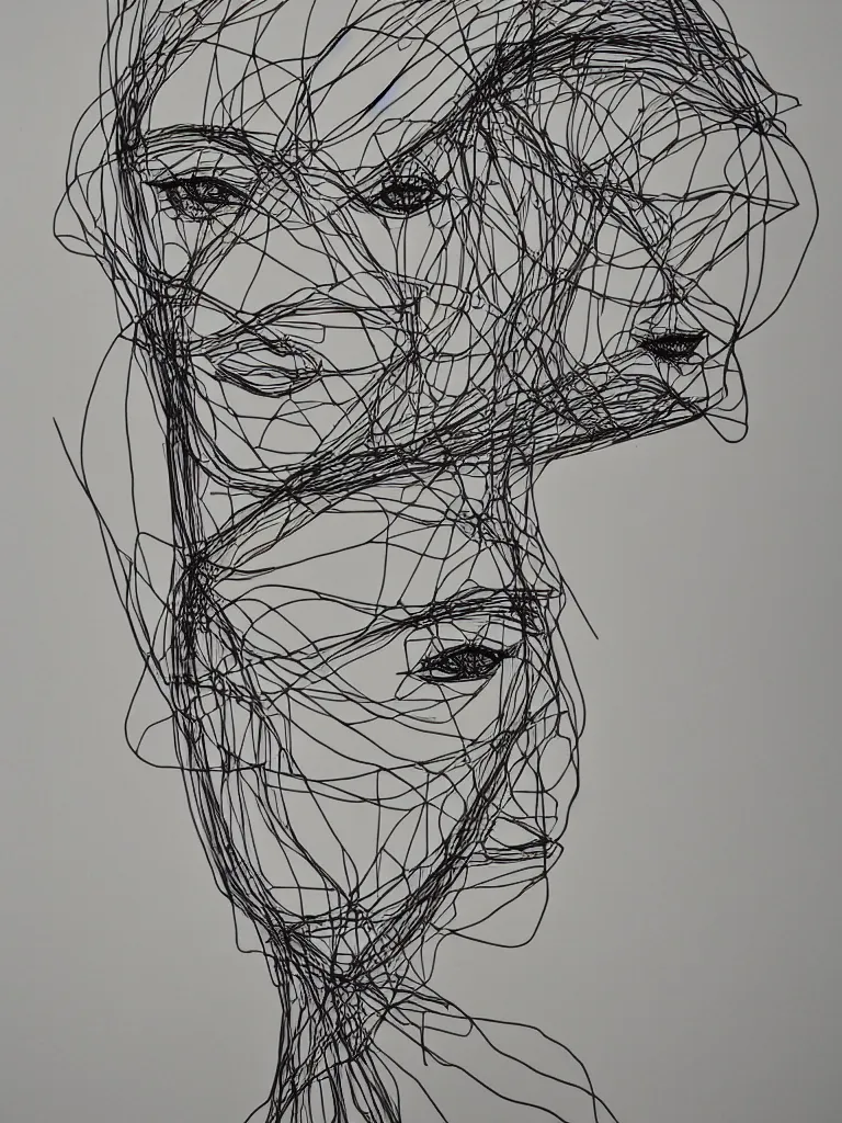 Image similar to elegant minimal thick metal wire art of a symmetrical and expressive female human facial features and body, influenced by gejza schiller portraits