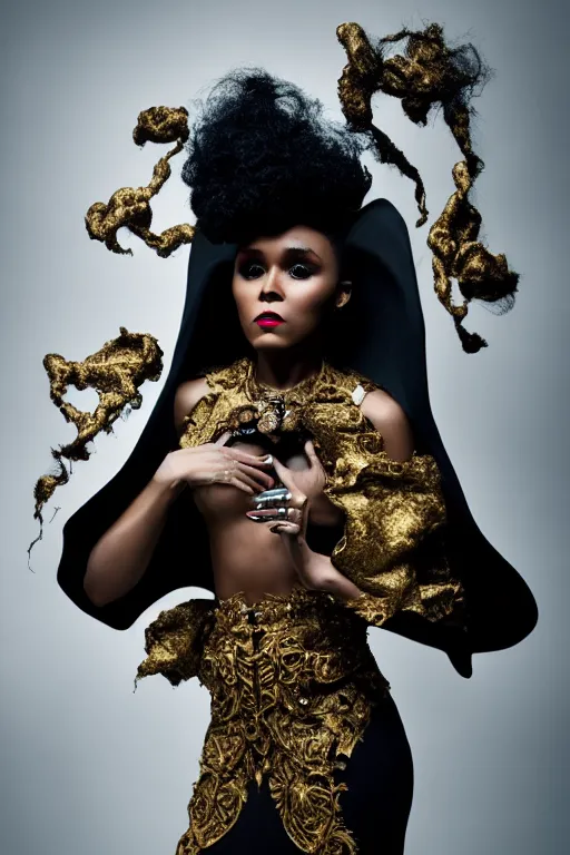 Image similar to photoshoot of janelle monae as mysterious dark goddess of death, realism, clouds, swirling energy, torn fabric, elaborate ornate growth, gilded relief, volumetric lighting, light shafts, ambient light, trending on artstation, by alessio albi