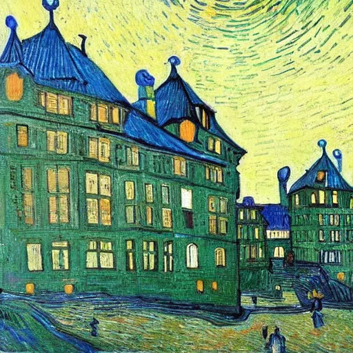 Image similar to Gripsholms castle in the style of van gogh