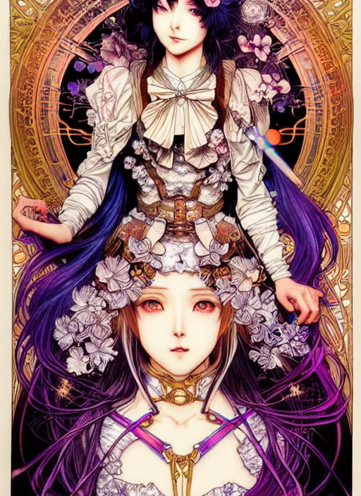 Image similar to highly detailed terada katsuya ayami kojima atrstation manga poster of princess mechine, rainbow gradient reflection, cute face by artgerm, art nouveau, long hair, armor, dress, laces, ruffles, 8 k, maximalist, golden ratio, alphonse mucha