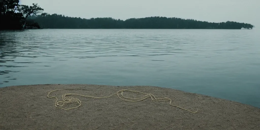 Prompt: centered photograph of a single line rope floating on the surface stretching out to the center of the lake, a dark lake sandy shore on a cloudy day, color film, beach trees in the background, hyper - detailed kodak color film photo, anamorphic lens