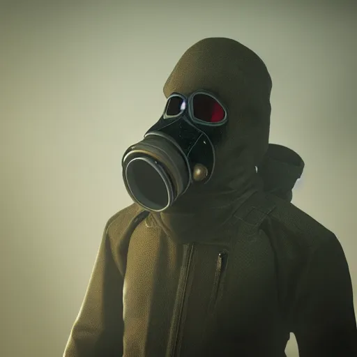 Image similar to hooden villain wearing a gas mask with smoke coming out of his body, dark background, unreal engine 5, ultra realistic, detailed, fog,