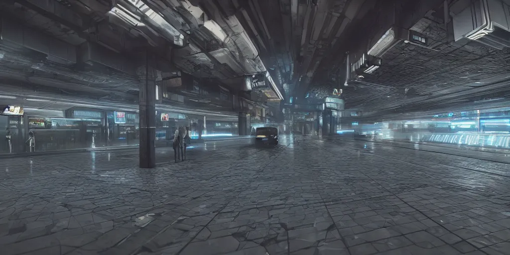 Image similar to equirectangular projection grid of a futuristic bladerunner cyberpunk trainstation in the rain at night, volumetric lighting 4K Spherical Panorama RealityEngine PhotoRender hyperdetailed cinematic