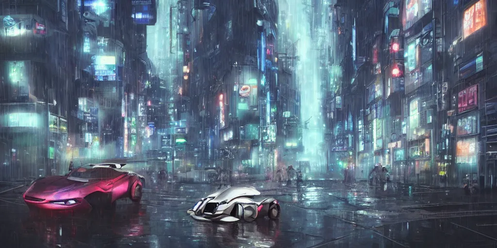 Prompt: rainy futuristic tokyo city with futuristic vehicles and robots, megacity, sci-fi, matte painting, concept art, style by dylan cole